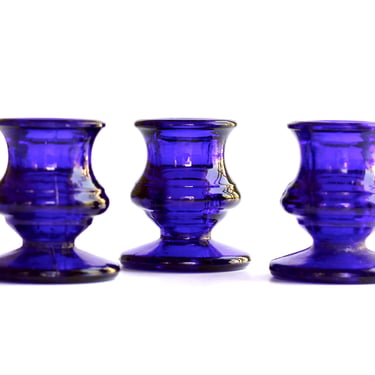 Matching Set of Three Vintage Cobalt Blue Pressed Glass Candlestick Holders - 2.5” 