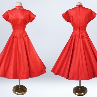 VINTAGE 50s Vibrant Red Full Sweep New Look Party Dress | 1950s Unique Princess Seam Wasp Waist Dress | S/XS VFG 