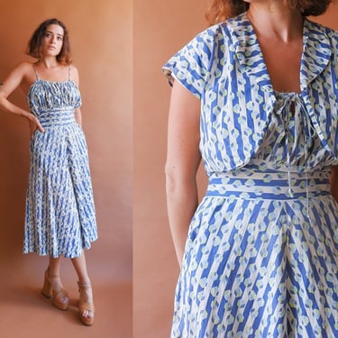 Vintage 40s Box Print Cotton Dress and Bolero/ 1940s Drawstring Sleeveless Summer Dress/ Size Medium 