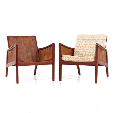 Peter Hvidt and Orla Mølgaard Nielsen Mid Century Teak and Rattan Lounge Chairs - Pair - mcm 