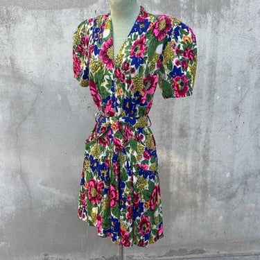 Vintage 1930s Colorful Jersey Rayon Dress Floral Print Puff Sleeve Ruching 1940s