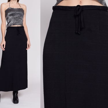 M-L| 90s Black Minimalist Maxi Skirt - Medium to Large | Vintage Grunge High Waisted A Line Side Slit Waist Tie Skirt 