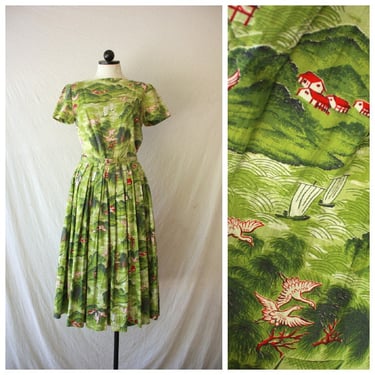 40s 50s Cotton New Look Dress with Cranes & Pastoral Scene Novelty Print Size S / M 