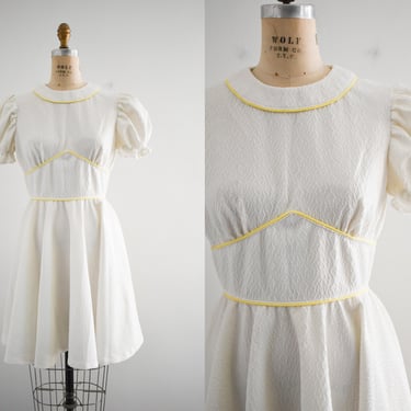 1970s White Textured Square Dance Dress with Yellow Piping 