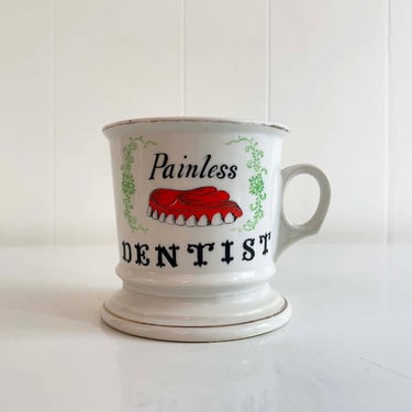 Vintage Painless Dentist Shaving Mug Cup Present Dentures Teeth Shaving White Gold Art Nouveau Weird Funny Gag Gift Morbid 1950s 1960s 