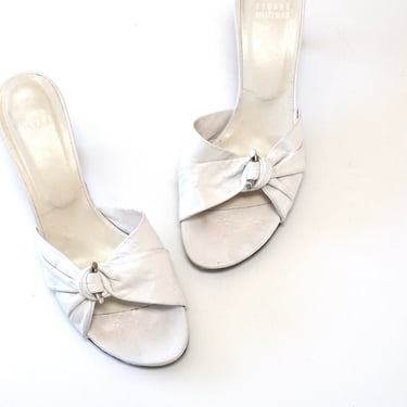 90s 00s Y2k VINTAGE White High Heel Slides Sandals Size 8 White Mule Slides 90s 00s Steward Weitzman White High Heel leather Shoes 