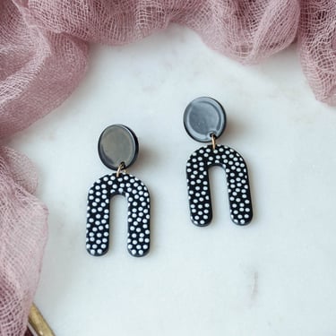 black resin earrings, fun funky abstract statement earrings, black white polka dot dalmatian acrylic handmade earrings, dangle drop earrings 