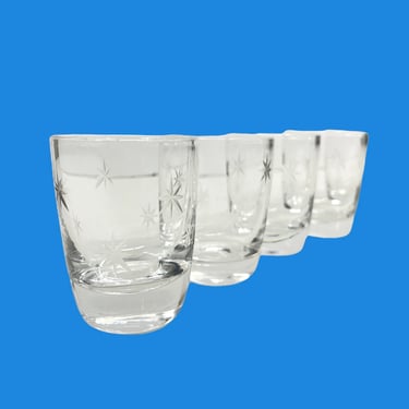Vintage Shot Glass Set Retro 1960s Mid Century Modern + Clear Glass + Atomic + Etched Starburst + Set of 5 + MCM + Home and Bar Decor 