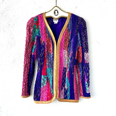 Vintage Jeanne Marc Patchwork Quilted Jacket Top 80s 90s Colorful Artsy Shirt 