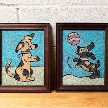 Vintage Dog Gravel Art Set of 2 Pair Framed Rock Pebble Mosaic Wood Frame Amateur Craft 1970s 1980s Handmade Homemade Crafting 