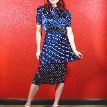 1930s Navy Dot Rayon Satin Peplum Dress 
