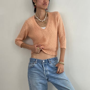 vintage 80s peach nubby cropped v neck sweater | rayon linen blend summer pullover sweater Small