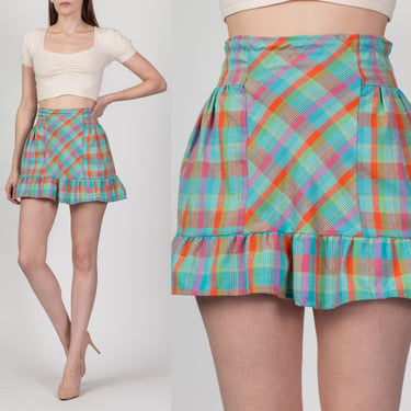 60s Plaid Ruffle Mini Skirt - Small | Vintage Colorful High Waist Retro Schoolgirl Skirt 