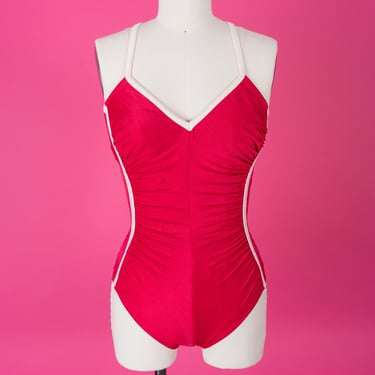 Vintage 60s Ruched Magenta One-Piece Swimsuit with Criss-Cross Back 