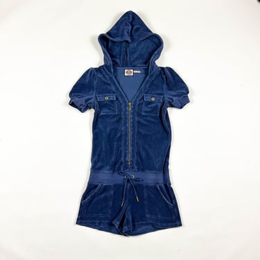 90s / y2k Juicy Couture Terrycloth Blue Hooded Romper / Onesie / Low Waist / S / Hoodie / Shorts / Hot Shorts / Princess Sleeves / Paris 