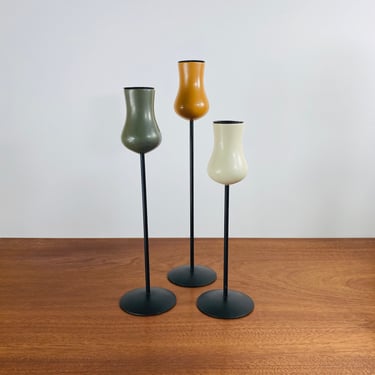 MCM Laurids Lonborg tulip candleholders / set of 3 vintage wood and iron candlesticks made in Denmark 