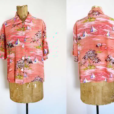 Vintage 90s Hawaiian Shirt M Boxy - 1990s Clio Pink Rayon Tropical Hawaii Vacation Tiki Shirt 