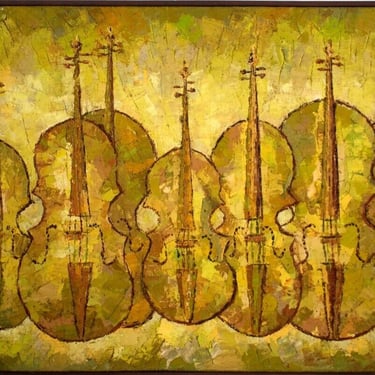 Nell Lamarsh Signed Mid Century Modern Violin Oil Painting on Canvas Framed 1966 