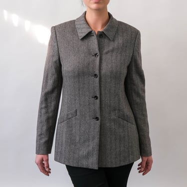 Vintage ESCADA for Piacenza Black & White Cashmere Herringbone Four Button Blazer Jacket | 100% Cashmere | 1990s 2000s Designer Blazer Coat 
