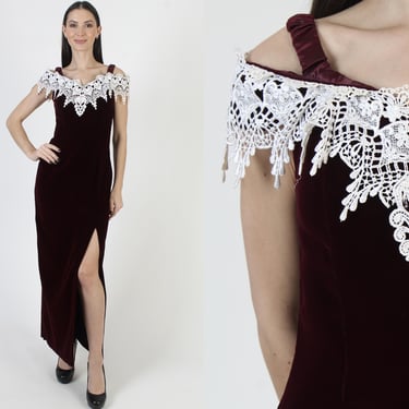 Gunne Sax Burgundy Velvet Dress, Jessica McClintock Victorian Gown, Goth Crochet Prom Maxi 