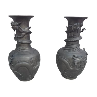 New - Antique Chinese Bronze Royal Dragons Sculpted Vase - Pair