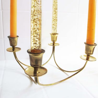 Mid Century Brass Gold Tabletop Candelabra 4 Tapers - Low Vintage 60s Candle Holder - Holiday Dinner Party Decor 