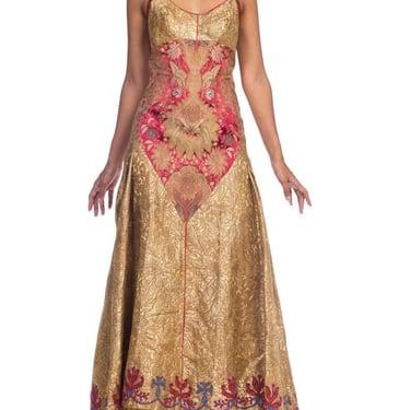 MORPHEW COLLECTION Crystal & Snakeskin Trimmed Gown Made From Antique Victorian Silk Woven With Angels In Real Gold 