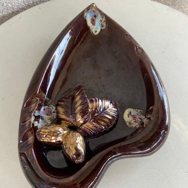 Vintage kitsch Mid Century leaf brown ceramic ashtray acorns with gold accents by Exquisitely Yours 11.5” 