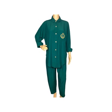 Vintage Two Piece Pant Suit Set or Pajamas Set Pants Button Up Long Sleeve 