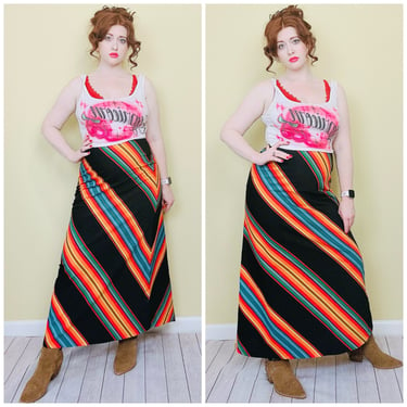 1970s Vintage Personal Property Rainbow Skirt / 70s Leslie Fay High Waisted Poly Knit Striped Maxi Skirt / Medium 