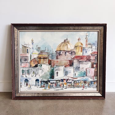 Vintage Jerusalem Architectural Original Watercolor Framed Painting 