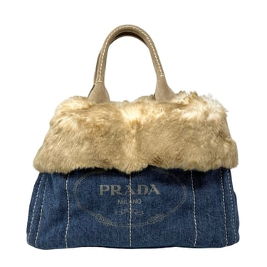 Prada Blonde Fur Denim Top Handle Bag