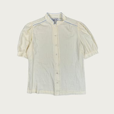 (M) 70s/80s Cream/Blue Contrast Stitch Short Sleeve Blouse