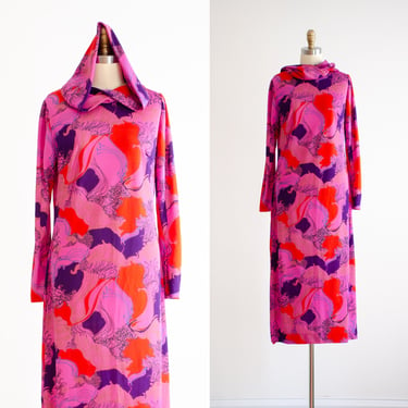 hot pink dress 60s 70s vintage psychedelic pattern long sleeve hooded maxi dress 