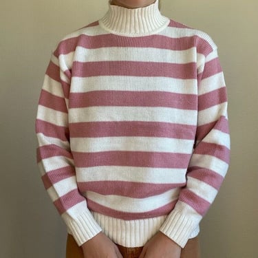 Vintage 80s Womens Ricki Pink White Striped Preppy Mock Neck Sweater Sz L 