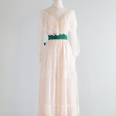 Romantic Edwardian Inspired 1970's Lace Formal Gown With Emerald Sash / SM