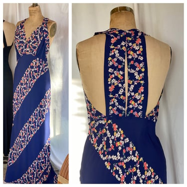 1930's Open Back Gown / 1940s Rayon Nightgown Slip Dress / Navy Blue and Pink Floral / Summer Evening Wear / Wedding Night / Valentines Day 