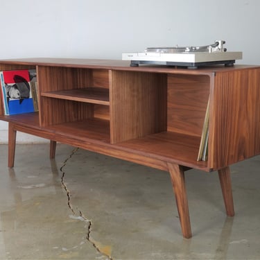 Mid-century modern stereo console for a record player and record storage. The " Haze" 