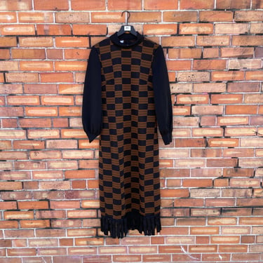 vintage 70s black brown fringe hem midi dress / l large 