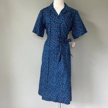 BNWT 1960s Vintage Blue Floral Farmhouse House Shirt Dress w/Pockets 