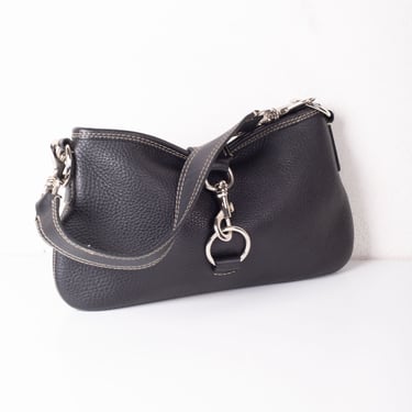 Vintage Miu Miu Embossed Logo Leather Snap Hook Shoulder Bag in Nero Black Y2K Minimalist Prada 
