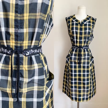 Vintage 1950s Plaid Zip Front House Dress / M 