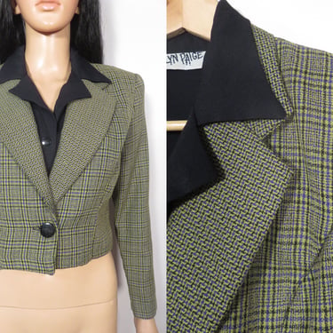 Vintage 80s/90s Green And Purple Plaid Cropped Blazer With Built In Top Made In USA Size S/M 