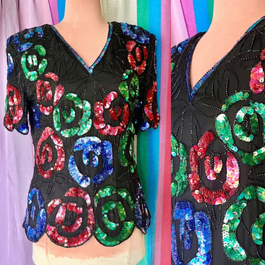 FABULOUS Sequin Top, Multi Beaded, Tapered Design, Cocktail, Evening, Vintage 80s 90s 