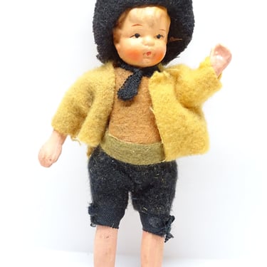 Vintage German Boy in Costume, Hand Painted Composite Toy Doll, Felt Clothes 