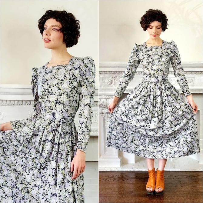 80s Laura Ashley Dress Long Sleeved Navy Blue & Lilac Floral