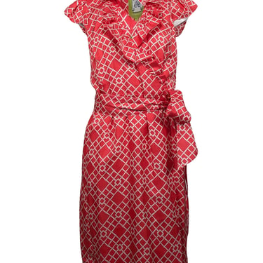 Elizabeth McKay - Pink & White Print Silk Wrap Dress Sz 10