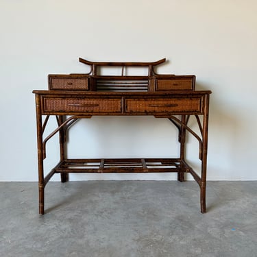 Vintage Palm Beach / British Colonial Pagoda Style Burnt Bamboo and Rattan Writing Desk 