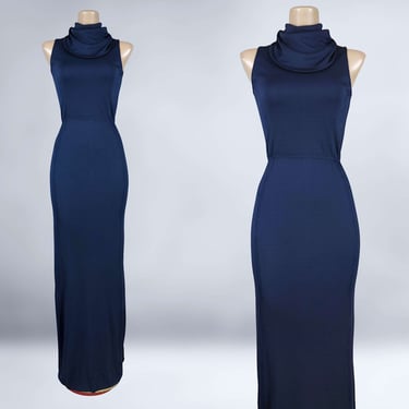 VINTAGE 70s Midnight Blue Cowl Neck Maxi Dress size 10 S/M | 1970s Long Jersey Hostess Gown | VFG 