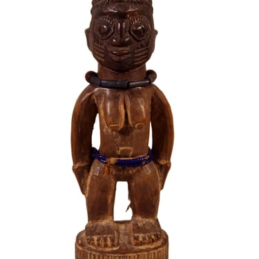 Nigerian Yoruba African Wood Carving Figurine with Beaded Necklace 